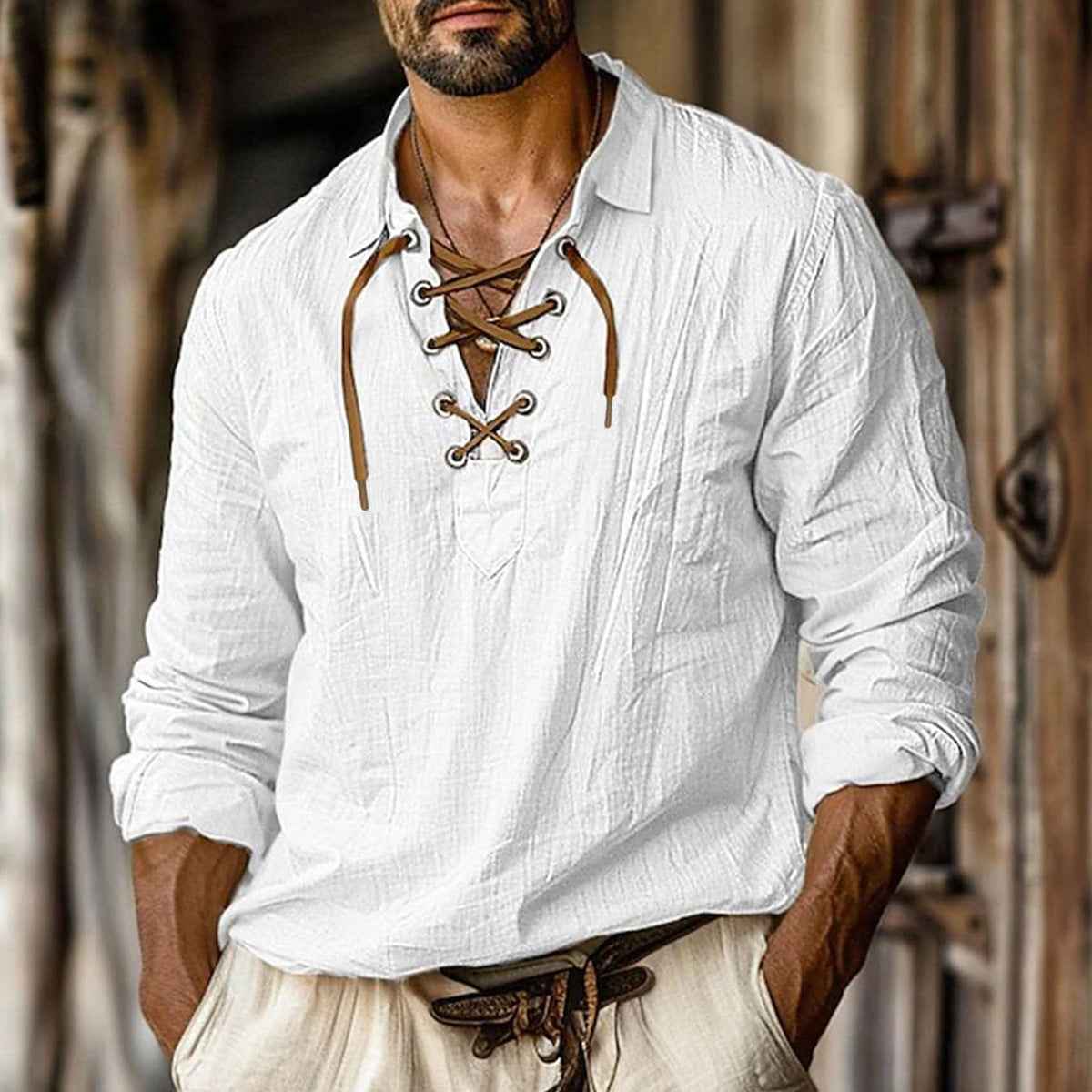 Men's Plus Size Lapels Lace Shirt Solid Color Linen Loose Long Sleeve Shirt