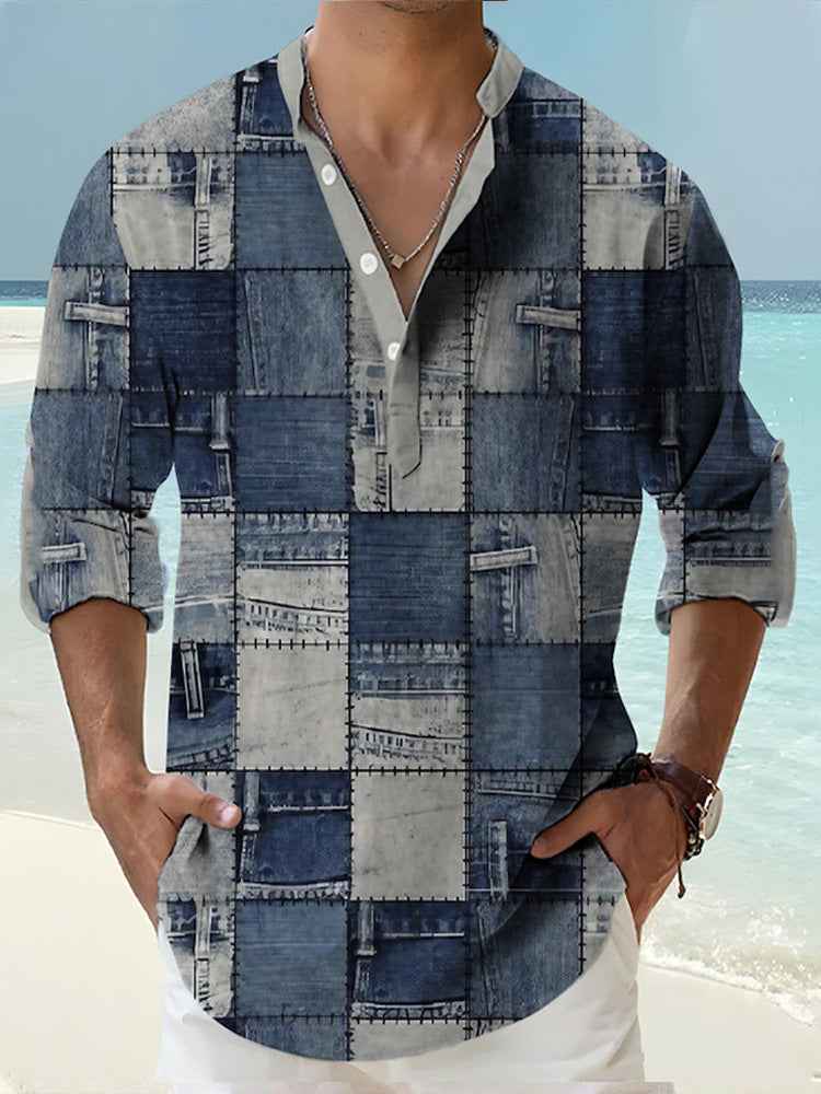 Thin Casual Digital Bamboo Linen Hawaiian Long Sleeve Shirt