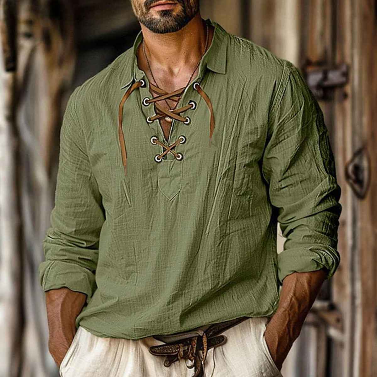 Men's Plus Size Lapels Lace Shirt Solid Color Linen Loose Long Sleeve Shirt