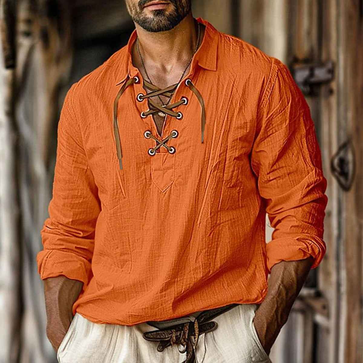 Men's Plus Size Lapels Lace Shirt Solid Color Linen Loose Long Sleeve Shirt